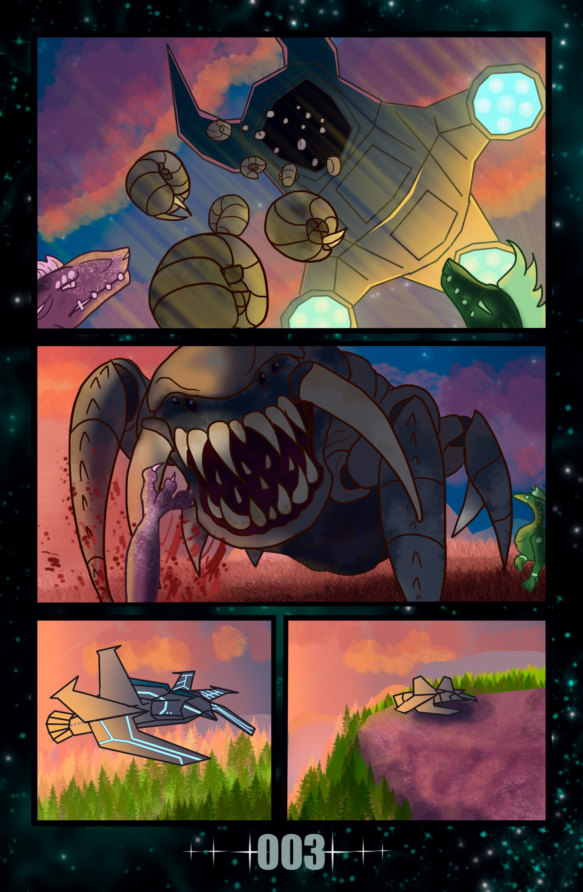Клыки тьмы. Поработители. Комикс 003. Гловинг розовый, Гловинг зелёный, Оверлорд, Искрящаяся погибель. Хелицерат. Планета, космос и горы.