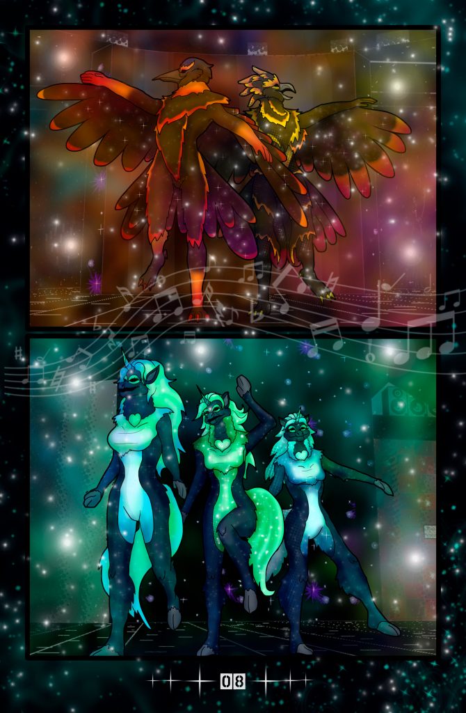 Комикс Клыки тьмы Энидиго 1 страница 08, персонажи: Маскот ворон Закат, Маскот гарпия Восход, Маскот единорог Звёздочка, Маскот единорог Сияние, Маскот единорог Блеск, место: Развлекательный центр "Теневой кролик"